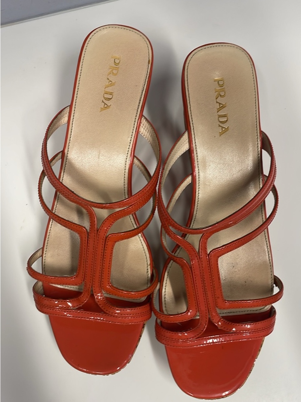 PRADA woman’s Orange Patent Leather Multi-Strap Slide Mules size 10/40 - Picture 3 of 8